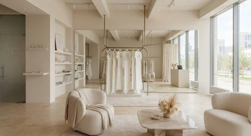 Modern serene bridal boutique interior in Astana with expansive full height floor mirrors, soft boucle armchairs, warm cream toned limestone flooring and elegant minimal dress displays in natural morning light
